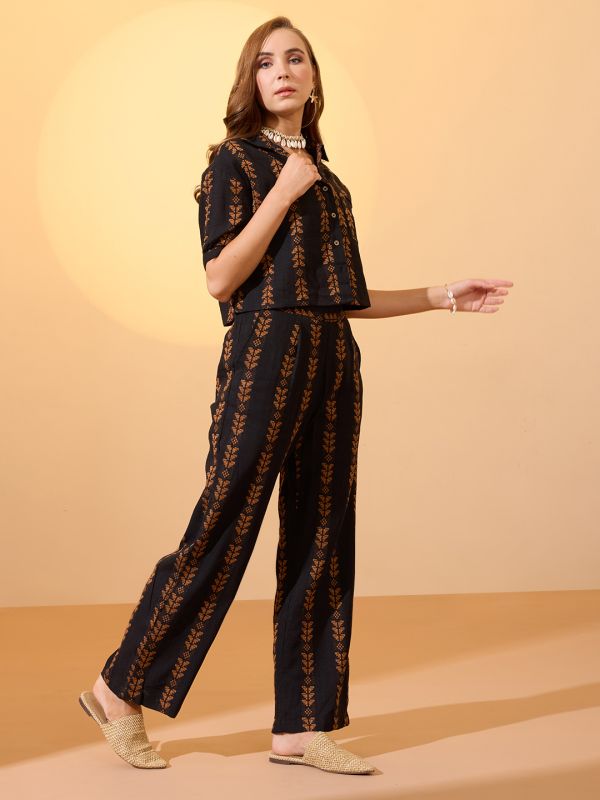 Globus Women Brown Self Design Collared Neck Boxy Fit Crop Shirt with Wide Leg Trousers Resort Co-Ords Set