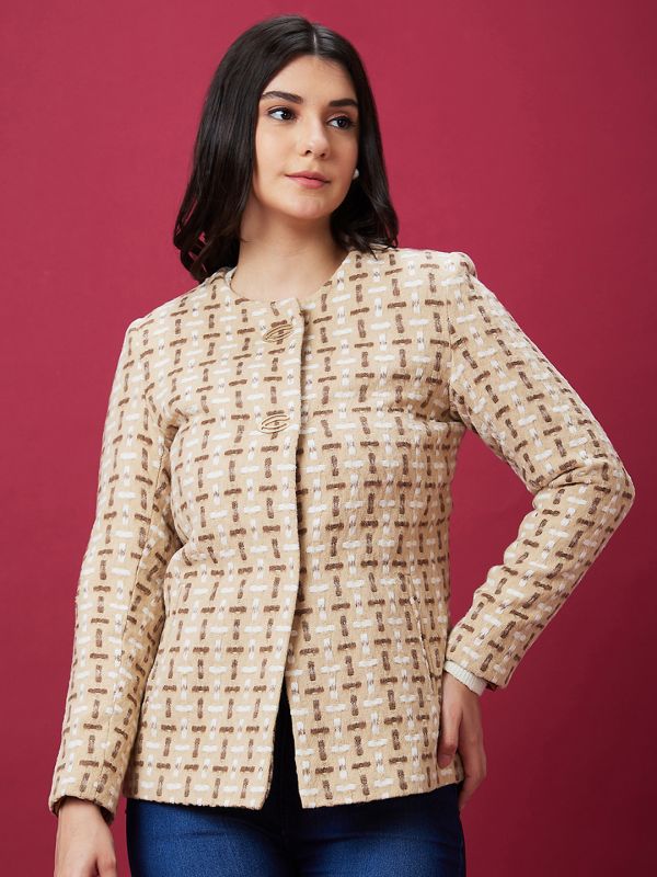 Globus Women Brown Printed Casual Regular Length Coat