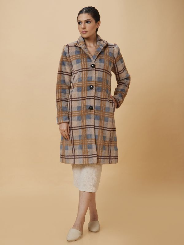 Globus Women Peach Checked Casual Longline Coat
