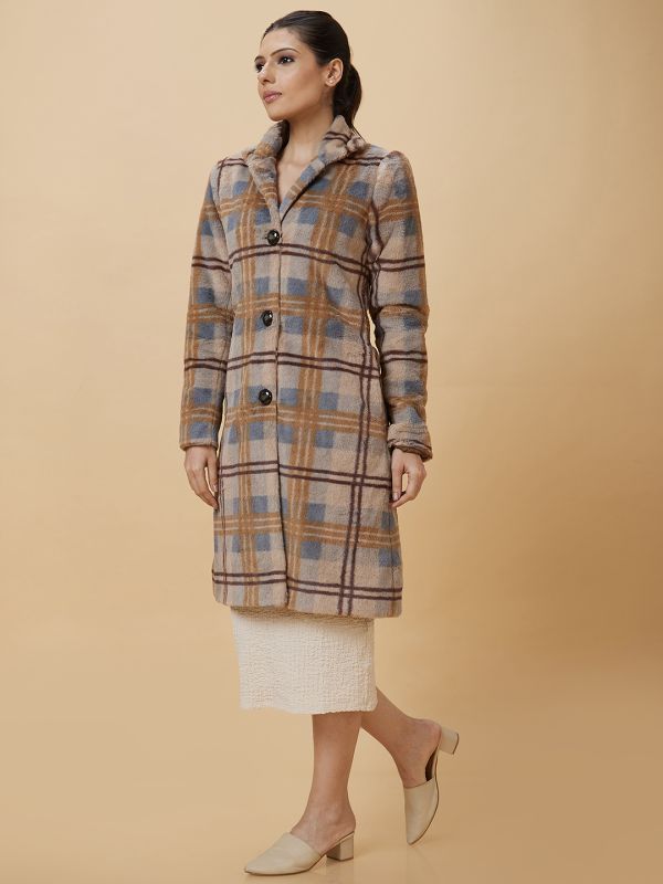 Globus Women Peach Checked Casual Longline Coat