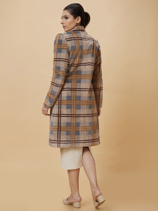 Globus Women Peach Checked Casual Longline Coat