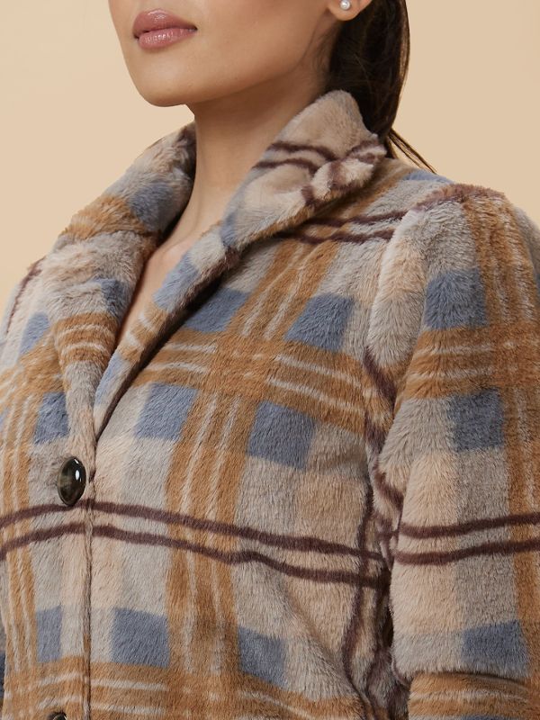 Globus Women Peach Checked Casual Longline Coat