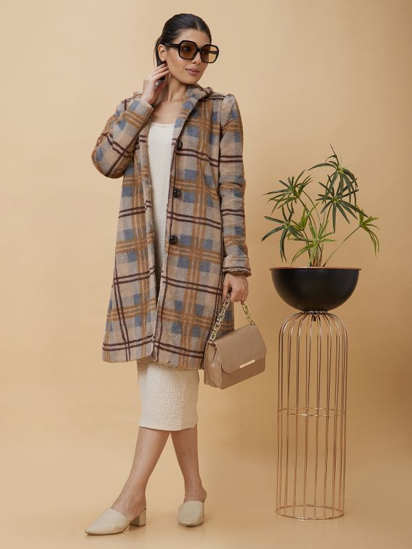 Globus Women Peach Checked Casual Longline Coat