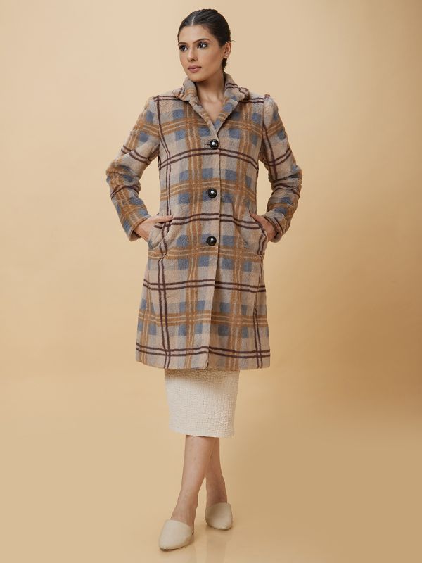 Globus Women Peach Checked Casual Longline Coat