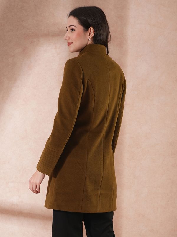 Globus Women Olive Mock Neck Long Sleeves Self Design 2 Pockets Tailored Fit Winter Wear Overcoat