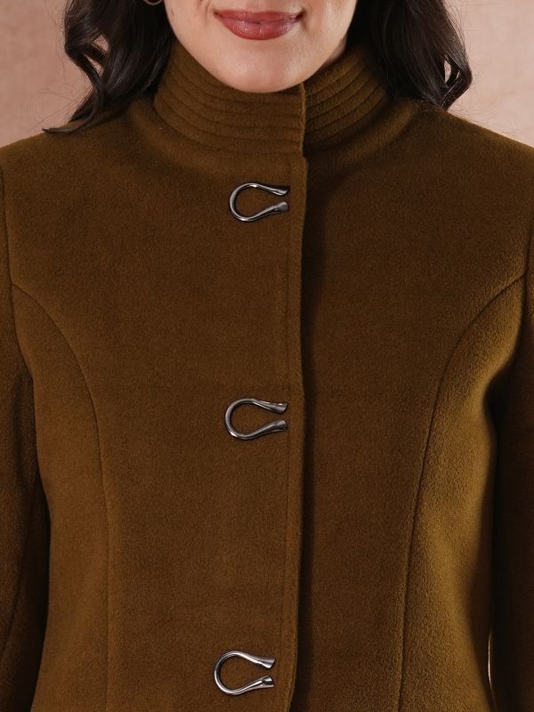 Globus Women Olive Mock Neck Long Sleeves Self Design 2 Pockets Tailored Fit Winter Wear Overcoat