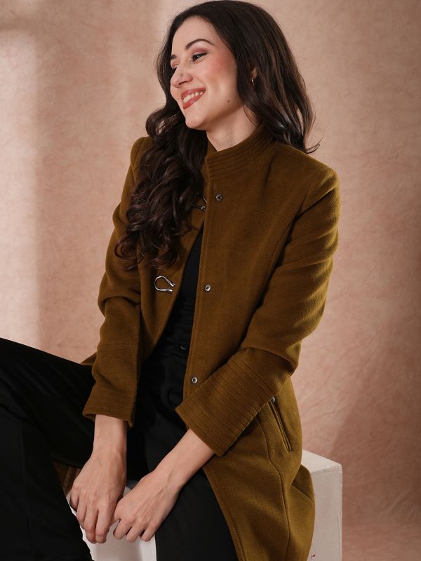 Globus Women Olive Mock Neck Long Sleeves Self Design 2 Pockets Tailored Fit Winter Wear Overcoat