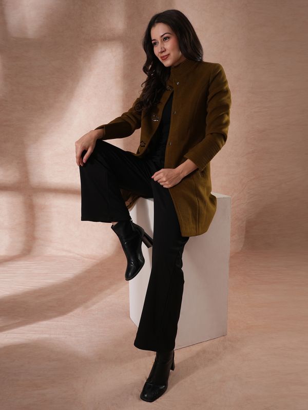 Globus Women Olive Mock Neck Long Sleeves Self Design 2 Pockets Tailored Fit Winter Wear Overcoat