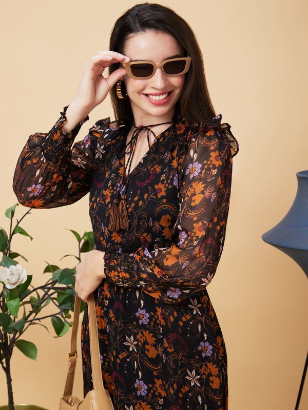Globus Women Black Floral Print V Tie Up Neck Ruffled Casual Maxi Dress