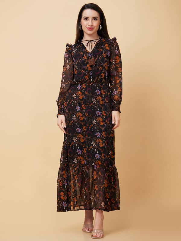 Globus Women Black Floral Print V Tie Up Neck Ruffled Casual Maxi Dress