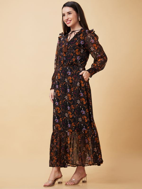 Globus Women Black Floral Print V Tie Up Neck Ruffled Casual Maxi Dress