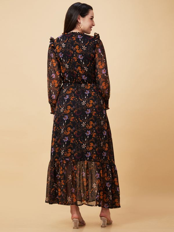 Globus Women Black Floral Print V Tie Up Neck Ruffled Casual Maxi Dress