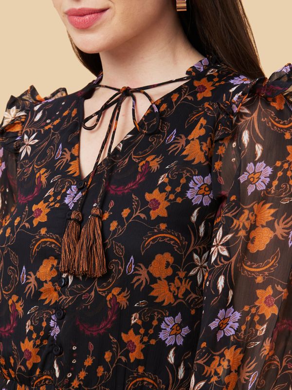 Globus Women Black Floral Print V Tie Up Neck Ruffled Casual Maxi Dress