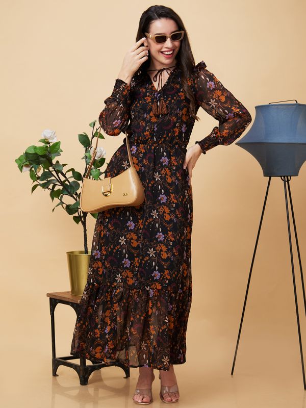 Globus Women Black Floral Print V Tie Up Neck Ruffled Casual Maxi Dress