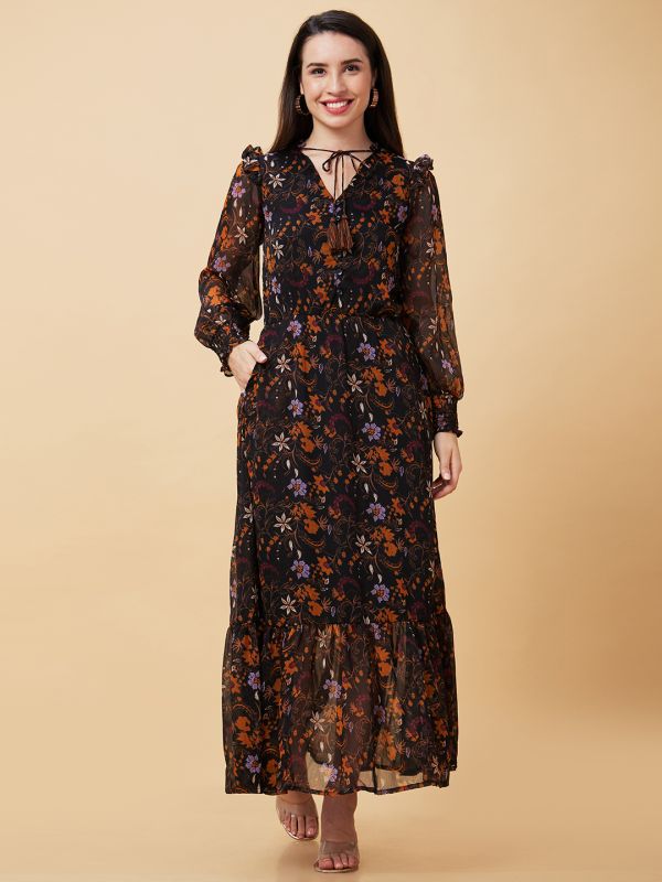 Globus Women Black Floral Print V Tie Up Neck Ruffled Casual Maxi Dress