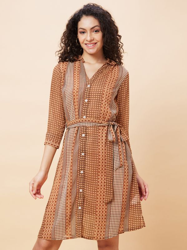 Globus Women Brown Geometric Print Shirt Collar Casual Belted Fit And Flare Dress