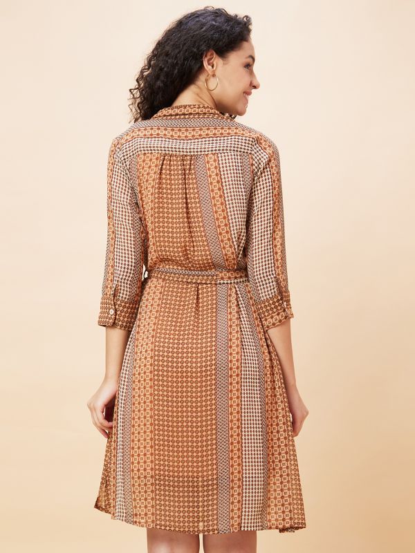 Globus Women Brown Geometric Print Shirt Collar Casual Belted Fit And Flare Dress