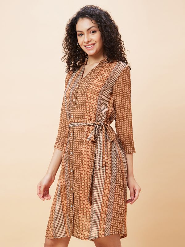 Globus Women Brown Geometric Print Shirt Collar Casual Belted Fit And Flare Dress