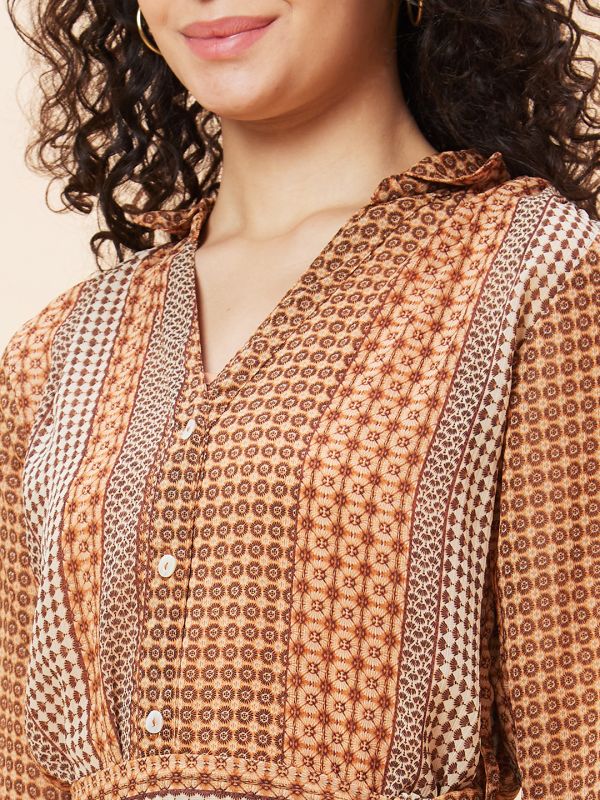 Globus Women Brown Geometric Print Shirt Collar Casual Belted Fit And Flare Dress