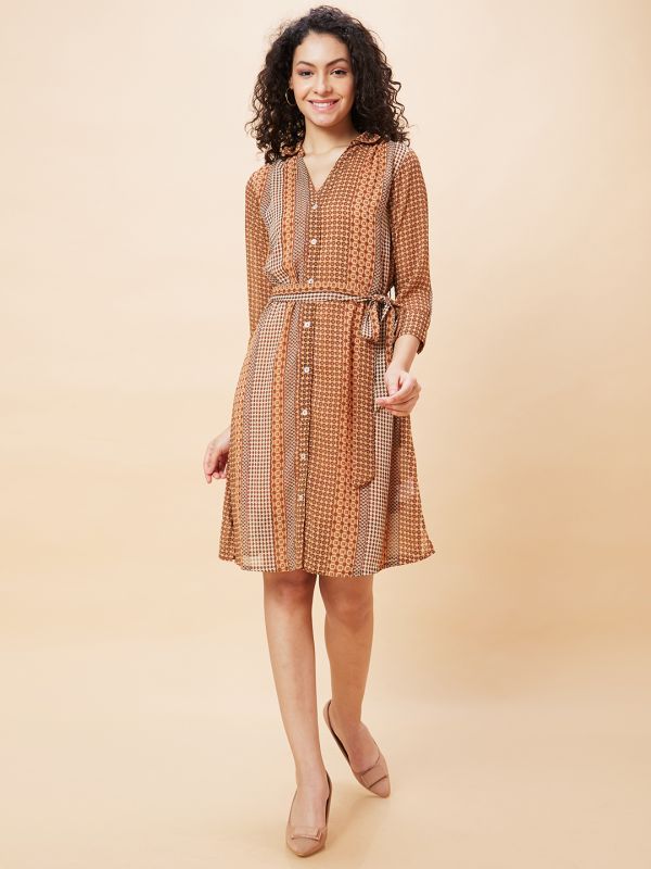 Globus Women Brown Geometric Print Shirt Collar Casual Belted Fit And Flare Dress