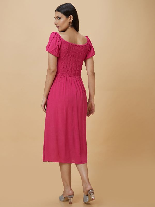 Globus Women Fuchsia Solid Square Neck Fit and Flare Midi Dress