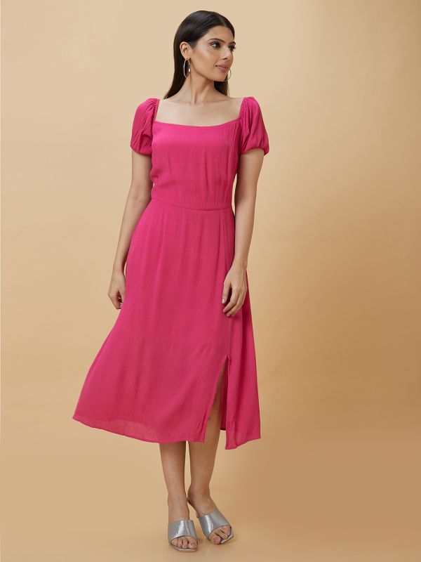 Globus Women Fuchsia Solid Square Neck Fit and Flare Midi Dress