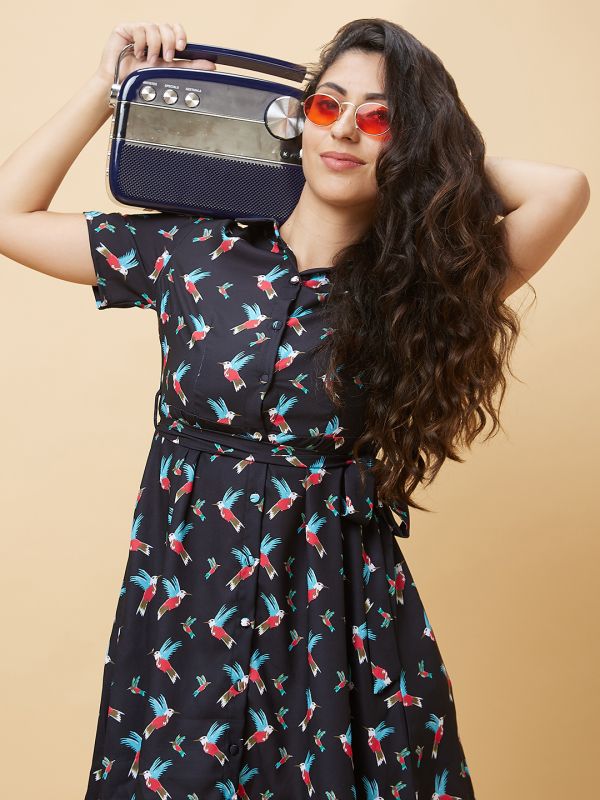 Globus Women Navy Blue Conversational Print Shirt Collar  With Belt A-Line Flare Mini Dress