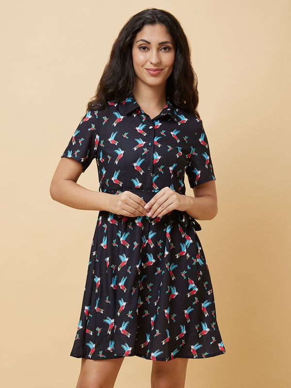 Globus Women Navy Blue Conversational Print Shirt Collar  With Belt A-Line Flare Mini Dress