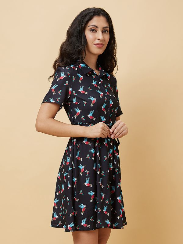 Globus Women Navy Blue Conversational Print Shirt Collar  With Belt A-Line Flare Mini Dress