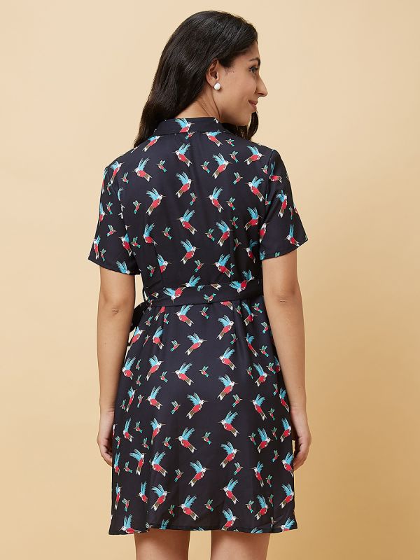 Globus Women Navy Blue Conversational Print Shirt Collar  With Belt A-Line Flare Mini Dress