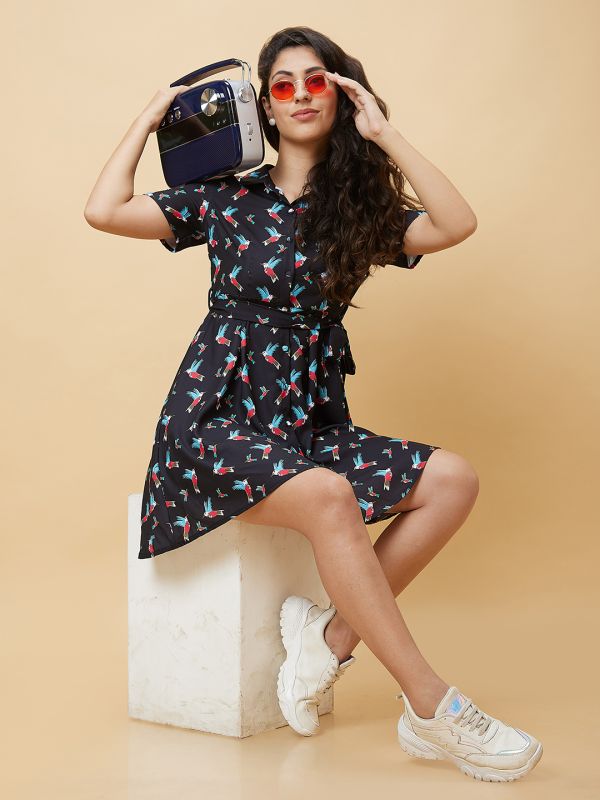 Globus Women Navy Blue Conversational Print Shirt Collar  With Belt A-Line Flare Mini Dress