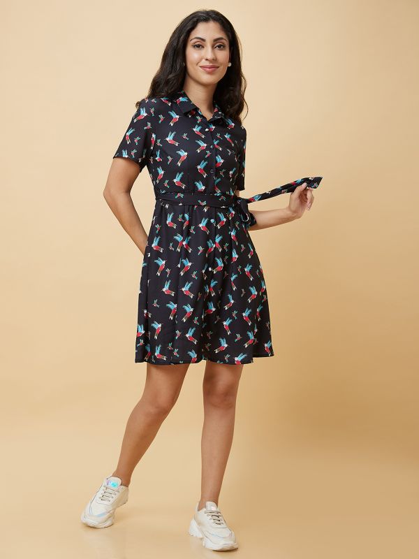 Globus Women Navy Blue Conversational Print Shirt Collar  With Belt A-Line Flare Mini Dress