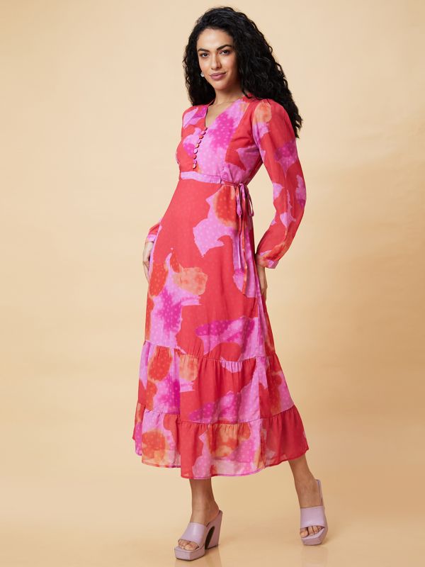 Globus Women Pink Abstract Print V-Neck Casual Tie-Up Fit And Flare Tiered Maxi Dress