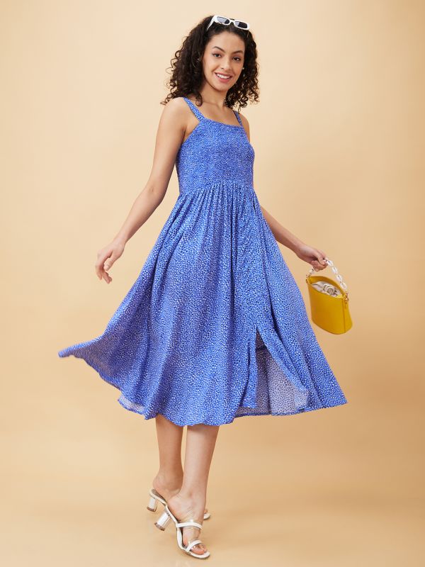 Globus Women Blue Printed Fit And Flare Casual Midi Dress