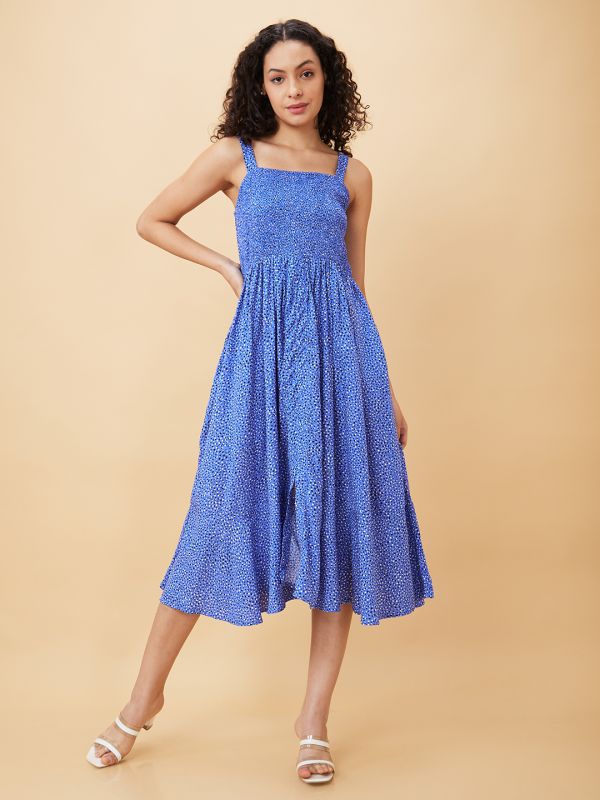 Globus Women Blue Printed Fit And Flare Casual Midi Dress