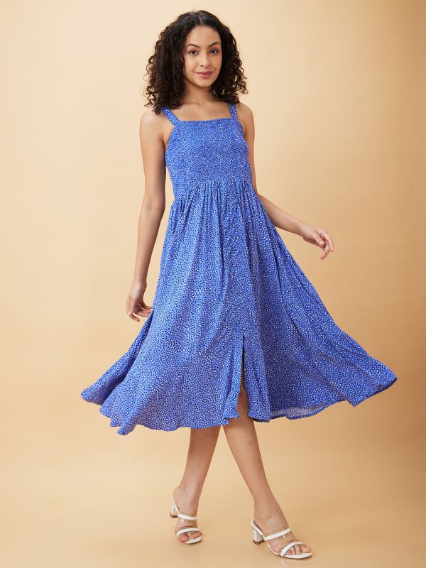 Globus Women Blue Printed Fit And Flare Casual Midi Dress