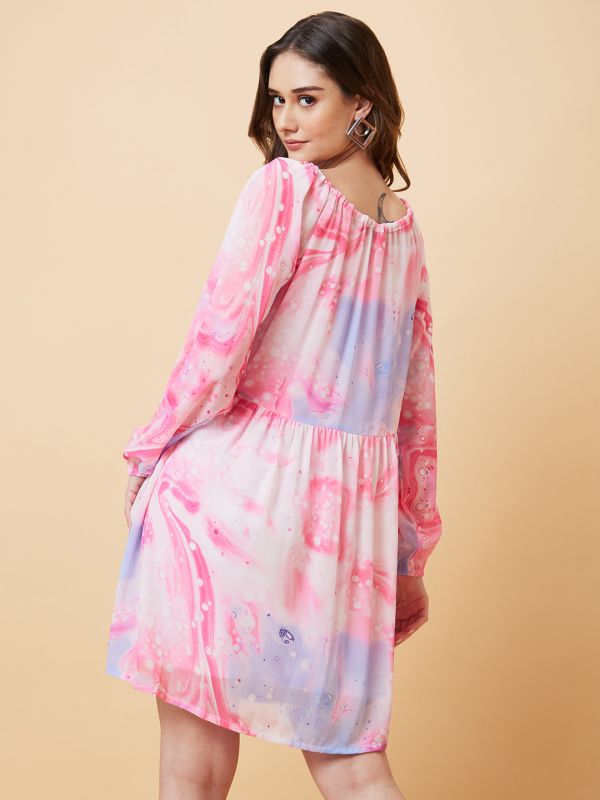 Globus Women Pink Marble Digital Print Satin A-Line Dress
