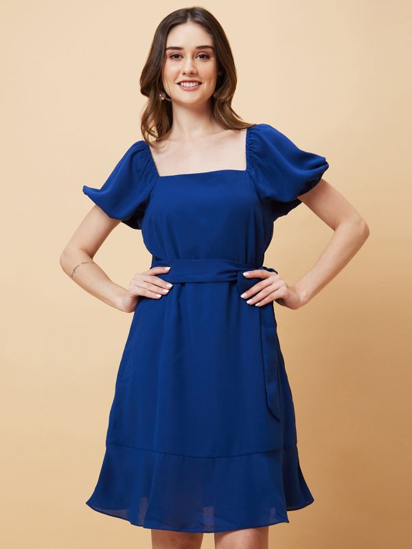 Globus Women Royal Blue Solid Tie Up A-Line Dress