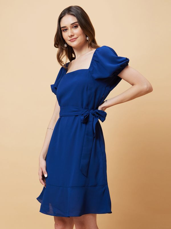 Globus Women Royal Blue Solid Tie Up A-Line Dress