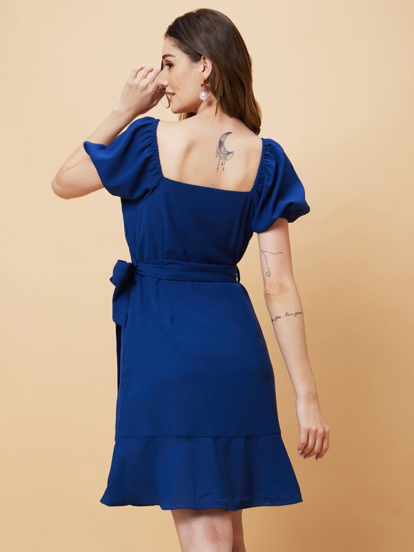 Globus Women Royal Blue Solid Tie Up A-Line Dress