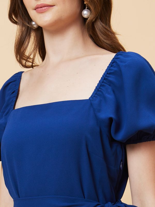 Globus Women Royal Blue Solid Tie Up A-Line Dress