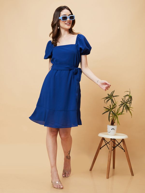 Globus Women Royal Blue Solid Tie Up A-Line Dress