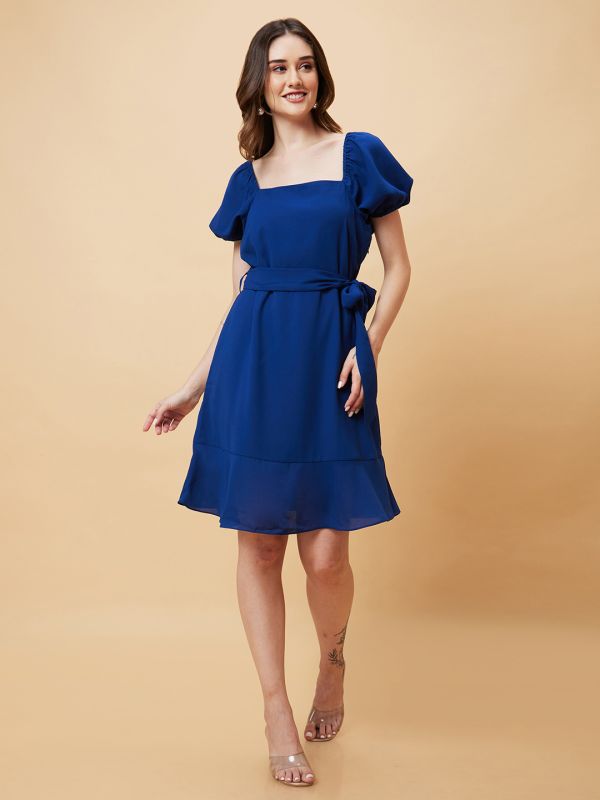 Globus Women Royal Blue Solid Tie Up A-Line Dress