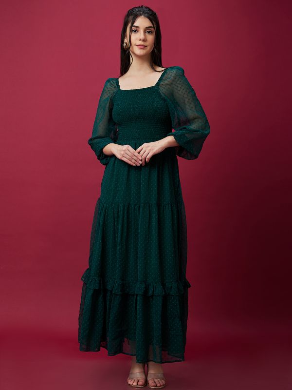 Globus Women Green Self Design Smocked Fit and Puff Sleeves Flared Maxi Dress