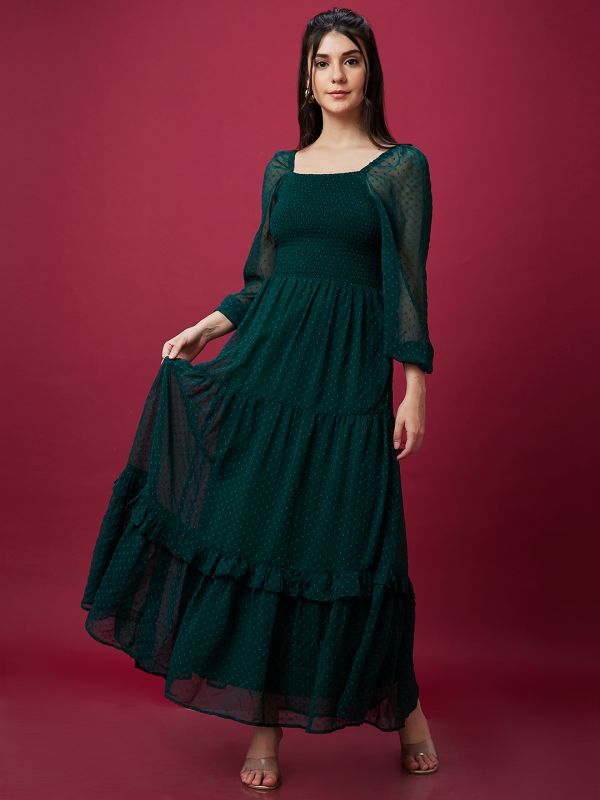 Globus Women Green Self Design Smocked Fit and Puff Sleeves Flared Maxi Dress