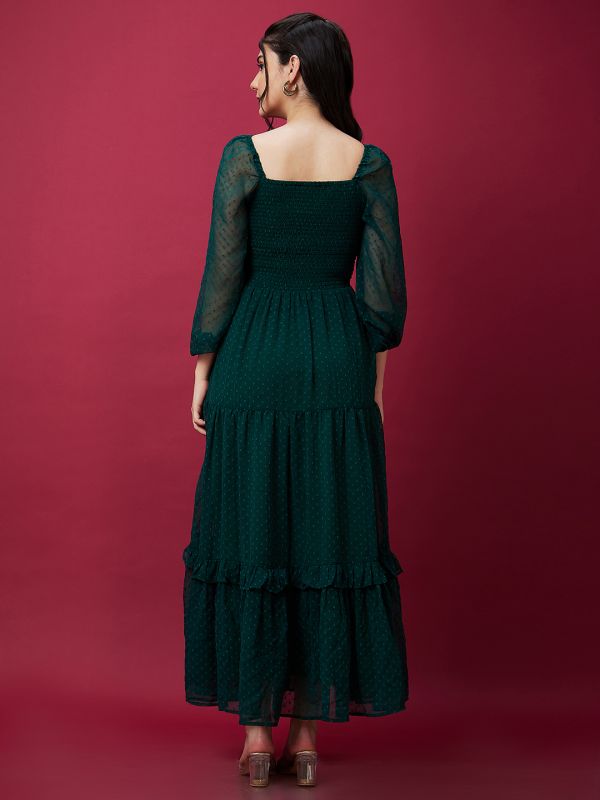 Globus Women Green Self Design Smocked Fit and Puff Sleeves Flared Maxi Dress
