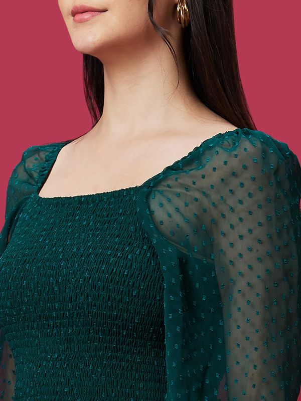 Globus Women Green Self Design Smocked Fit and Puff Sleeves Flared Maxi Dress