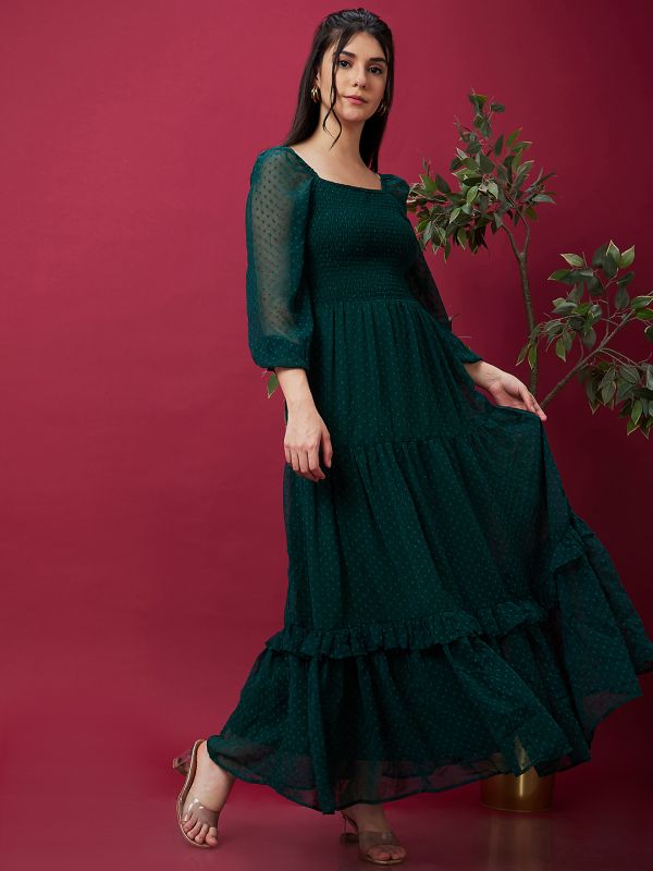 Globus Women Green Self Design Smocked Fit and Puff Sleeves Flared Maxi Dress