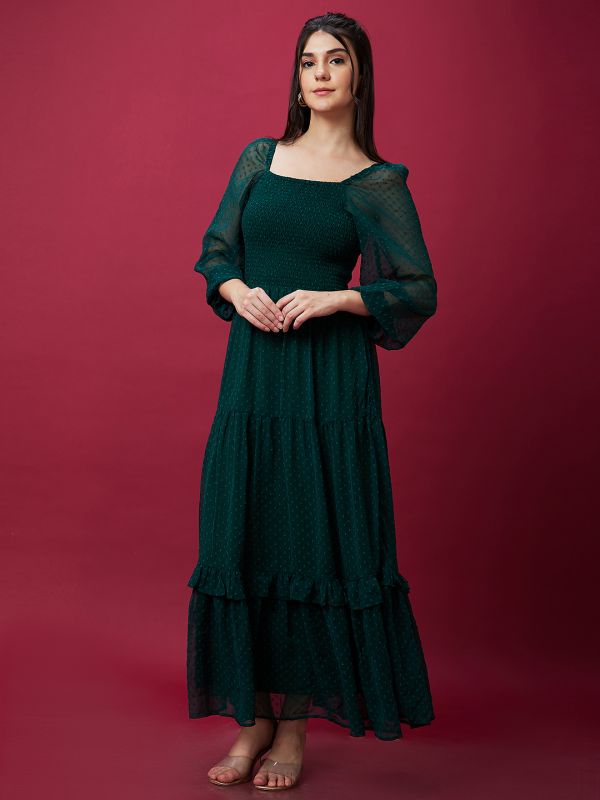 Globus Women Green Self Design Smocked Fit and Puff Sleeves Flared Maxi Dress