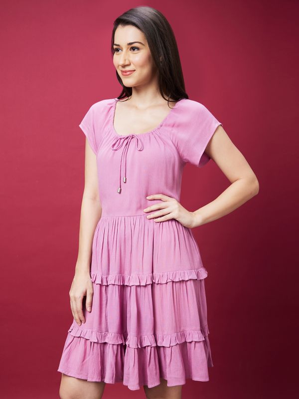 Globus Women Lavender Solid Raglan Sleeve A-Line Dress